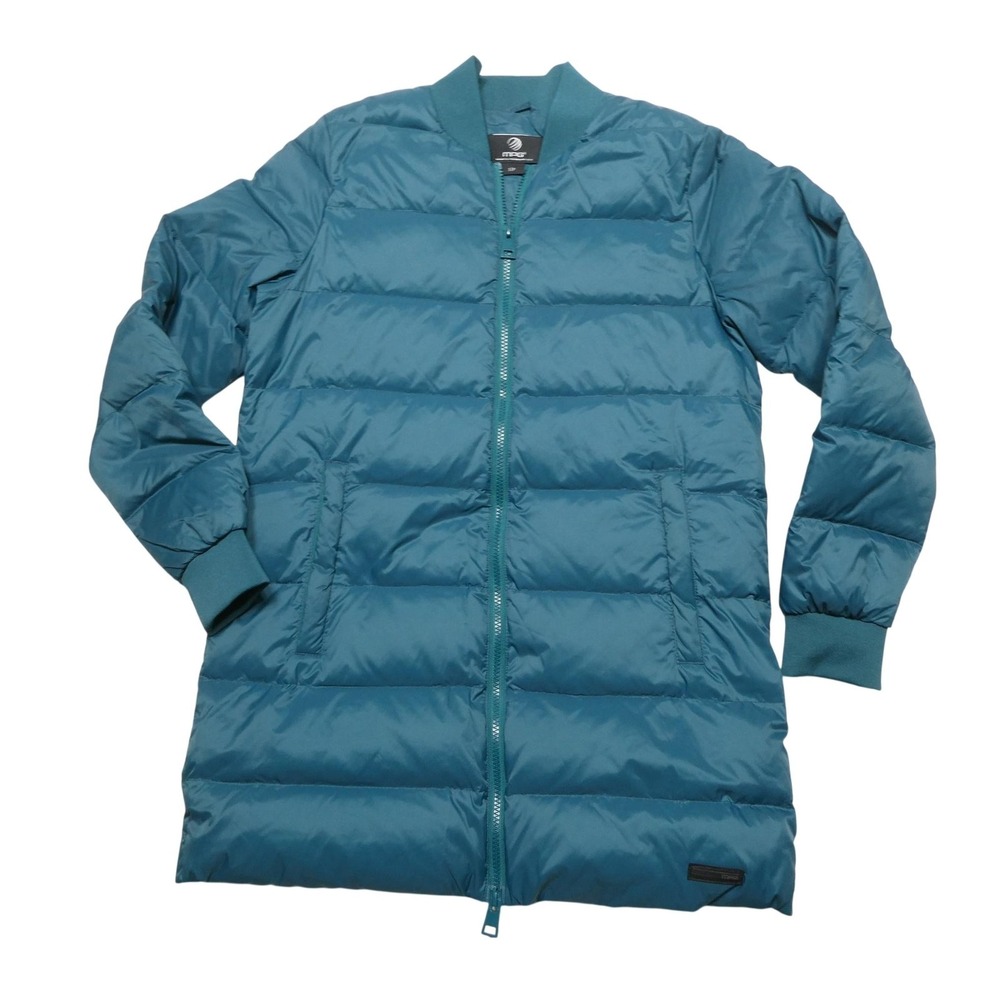MPG Coat Womens Small Blue Long Down Puffer Quilted Full Zip Pockets Bomber